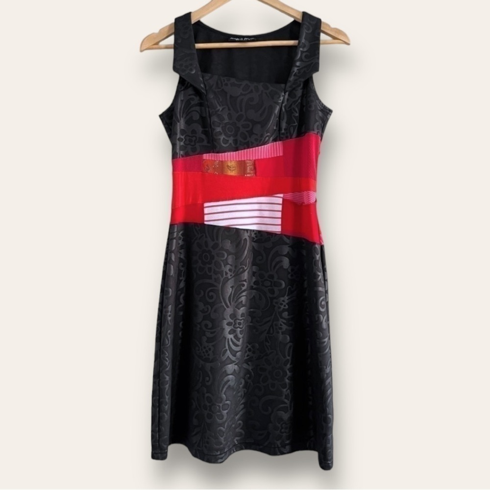 Myco Anna Patchwork Dress Square Neck Fit and Flare Black and Red Size Small